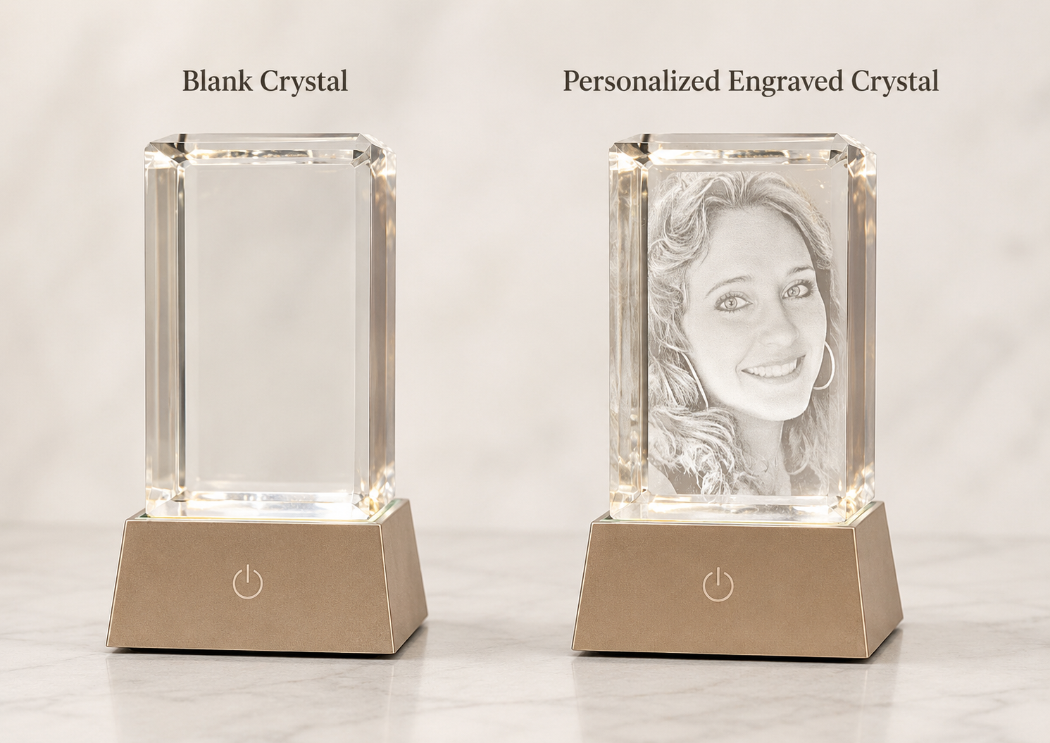Blank crystal beside a personalized engraved crystal with a photo portrait, showing the before-and-after transformation of a custom 3D crystal keepsake.